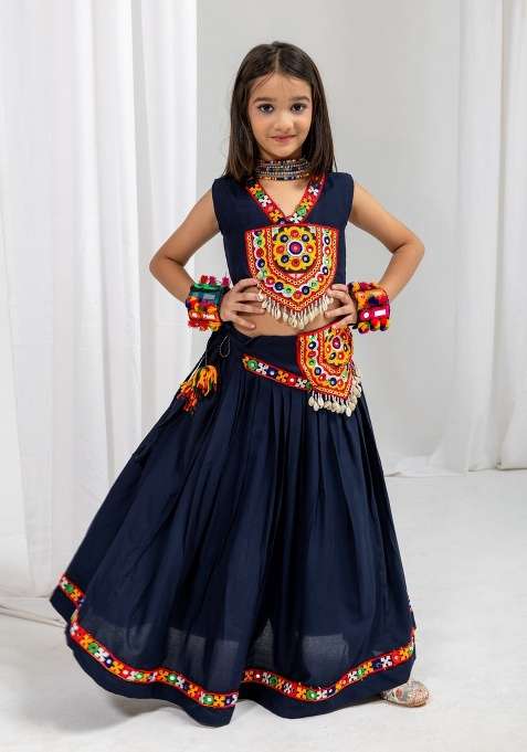 Navy Blue Handmade Cotton Lehenga Set For Girls