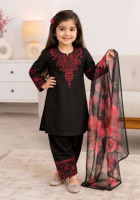 Jet Black Embroidery Georgette Kurta Set For Girls