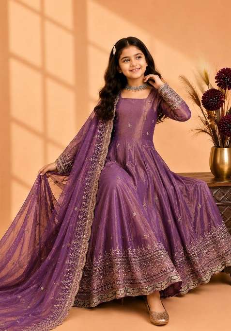 Lavender Embroidery Silk Anarkali Set For Girls