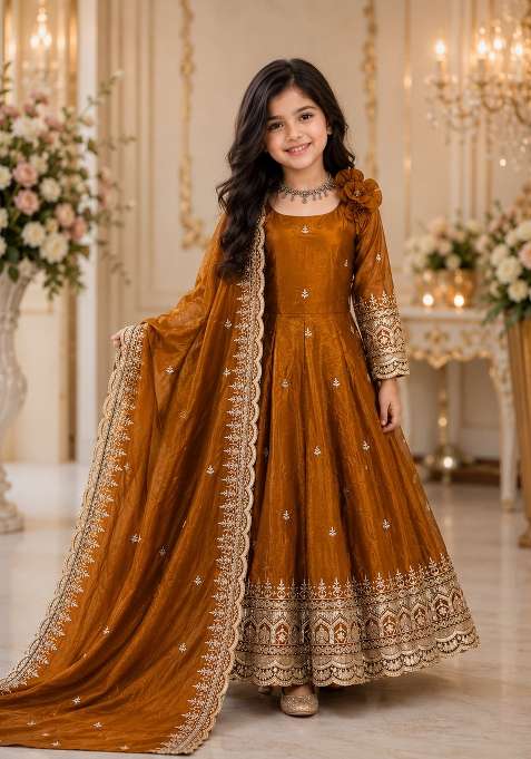 Mustard Embroidered Silk Gown Set For Girls