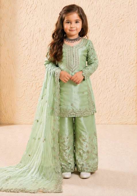 Pista Embroidered Silk Kurta Set For Girls