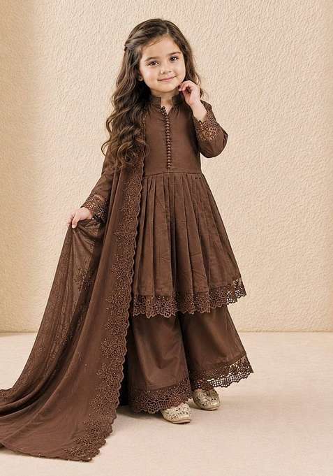 Brown Embroidered Silk Kurta Set For Girls
