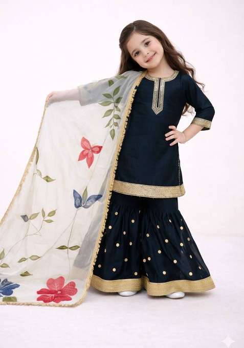 Black Embroidered Silk Sharara Set For Girls