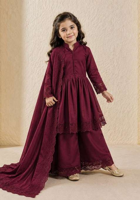 Maroon Embroidered Silk Kurta Set For Girls