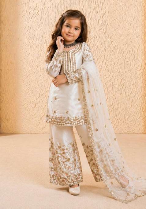 White Embroidered Silk Kurta Set For Girls
