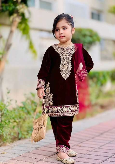 Maroon Embroidered Viscose Kurta Set For Girls
