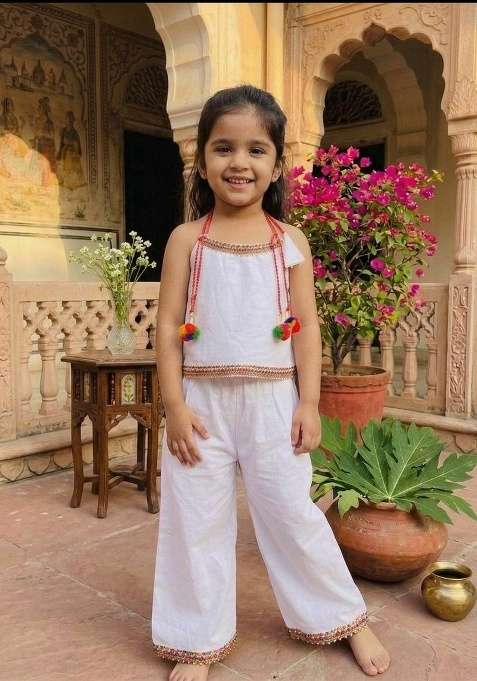 White Cotton Co-Ord Set For Girls