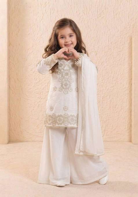 White Embroidered Georgette Kurta Set For Girls