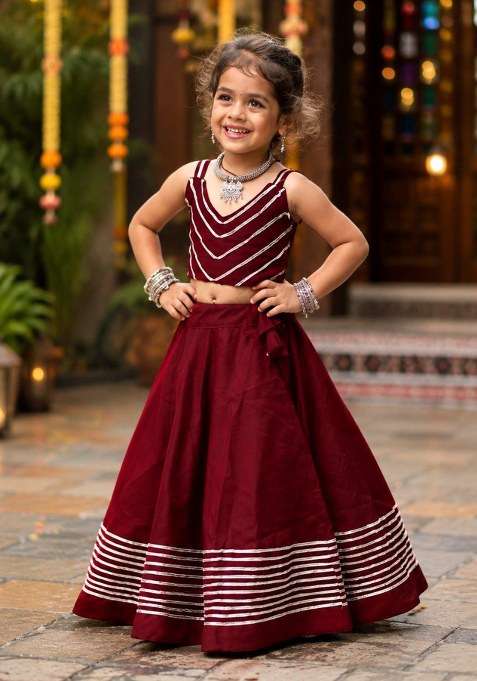 Maroon Lace Work Silk Navratri Lehenga Choli For Girls