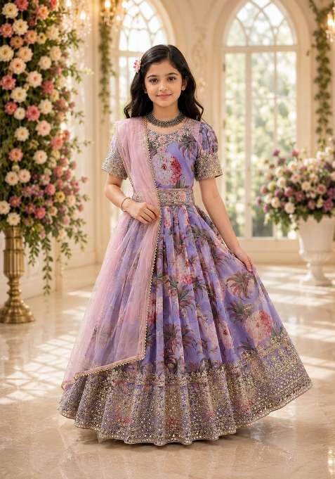 Lavender Embroidered Georgette Gown Set For Girls