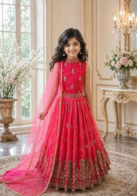 Red Embroidered Georgette Gown Set For Girls