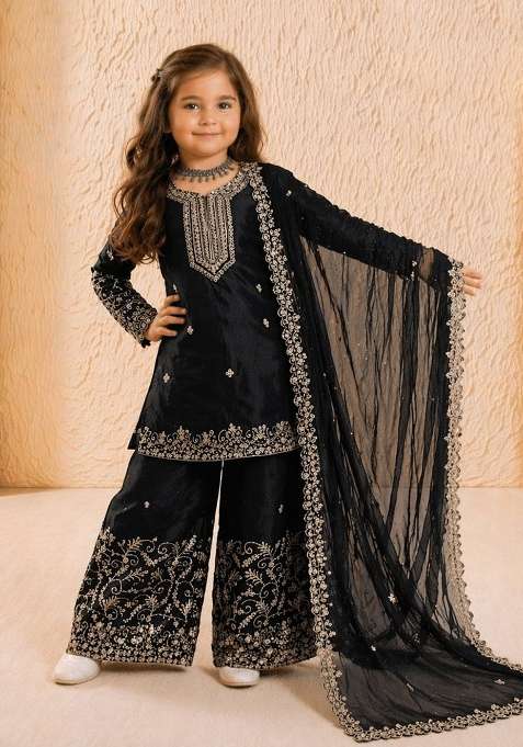 Black Sequin Work Silk Palazzo Set For Girls