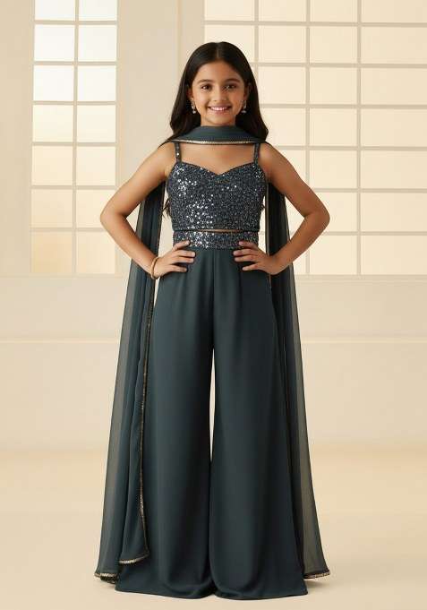Girls Grey Sequin Georgette Fusion Set