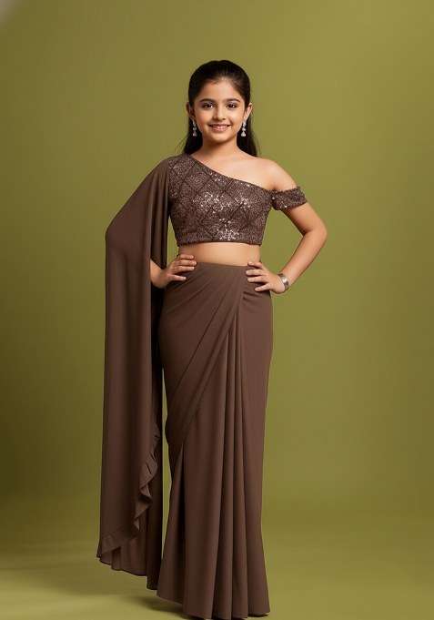Girls Brown Embellished Net Fusion Set