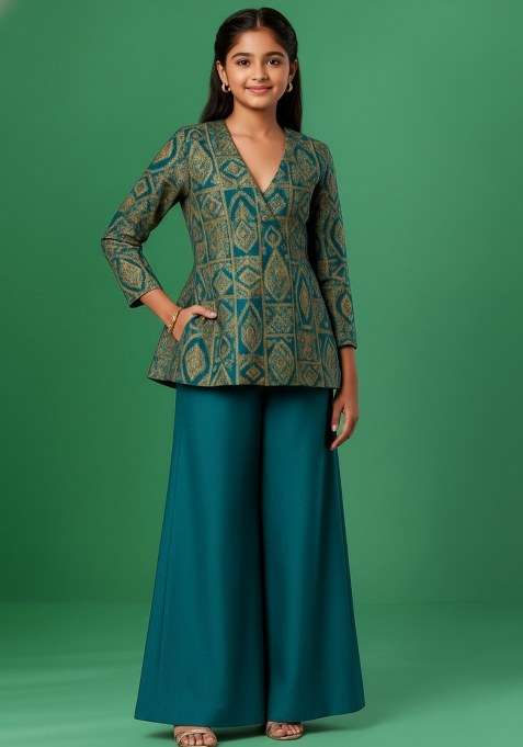 Girls Turquoise Blue Brocade Sharara Set