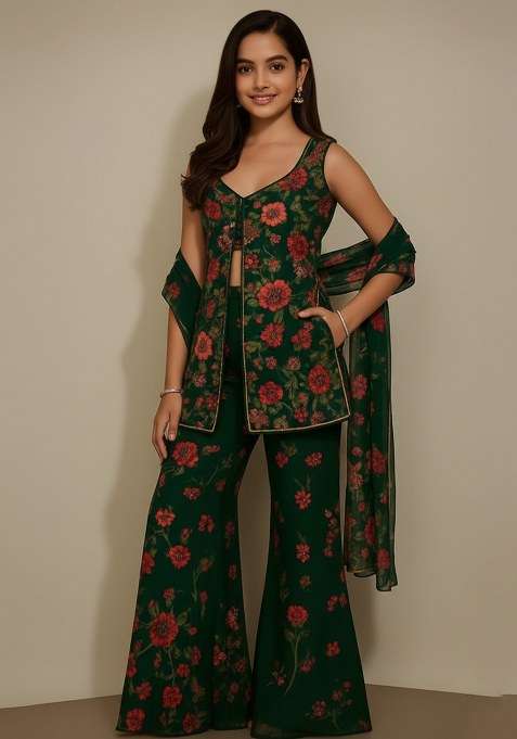 Girls Green Embroidered Georgette Kurta Set