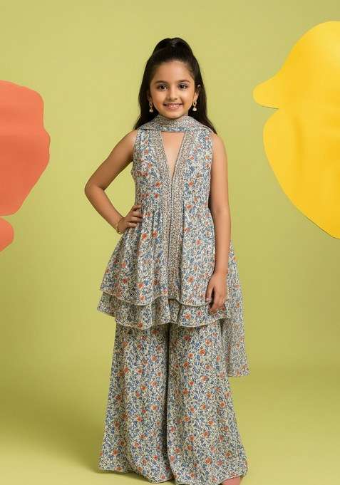 Girls Multicolor Floral Print Georgette Kurta Set