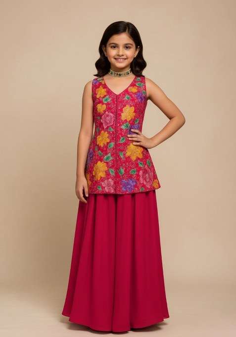 Girls Pink Embroidered Crepe Kurta Set