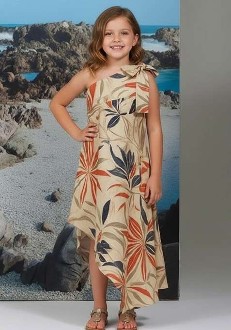 Girls Off White Floral Print Cotton Linen Dress
