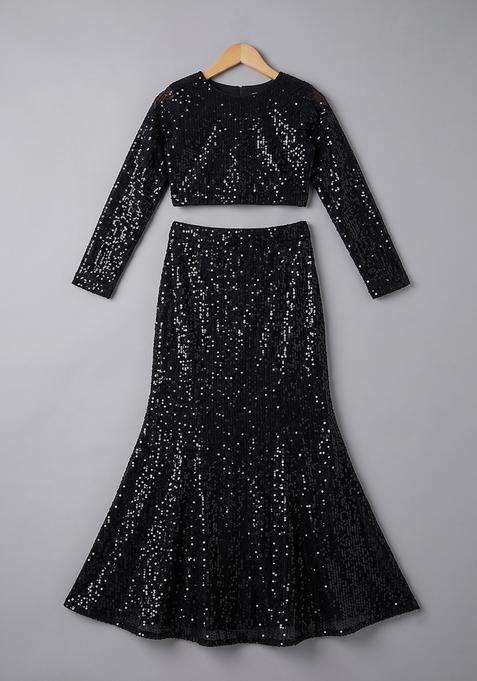 Girls Black Sequin Net Lehenga Set