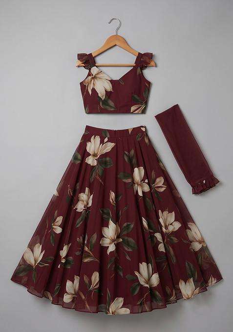 Girls Brown Floral Print Georgette Lehenga Set