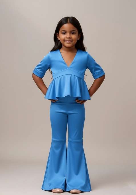 Girls Blue Solid Cotton Fusion Set