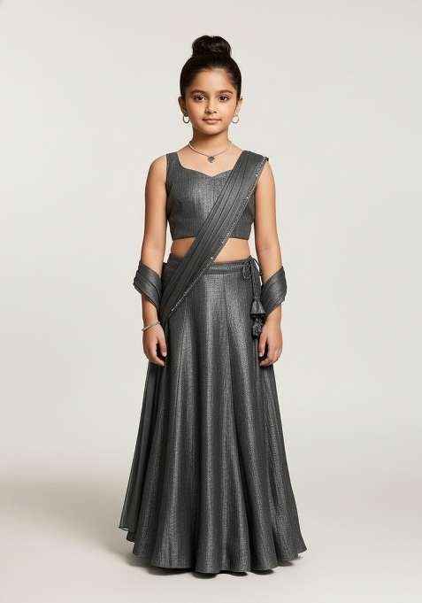 Girls Dark Grey Self Design Fusion Set