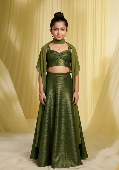 Girls Green Self Design Fusion Set