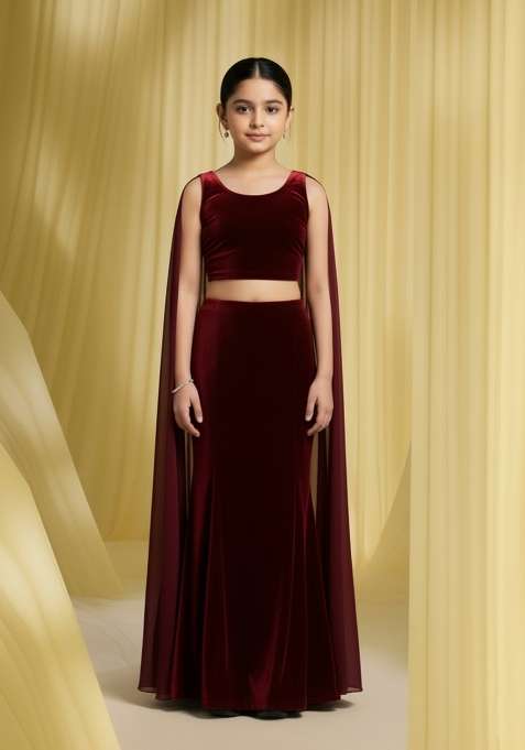 Girls Maroon Self Design Fusion Set