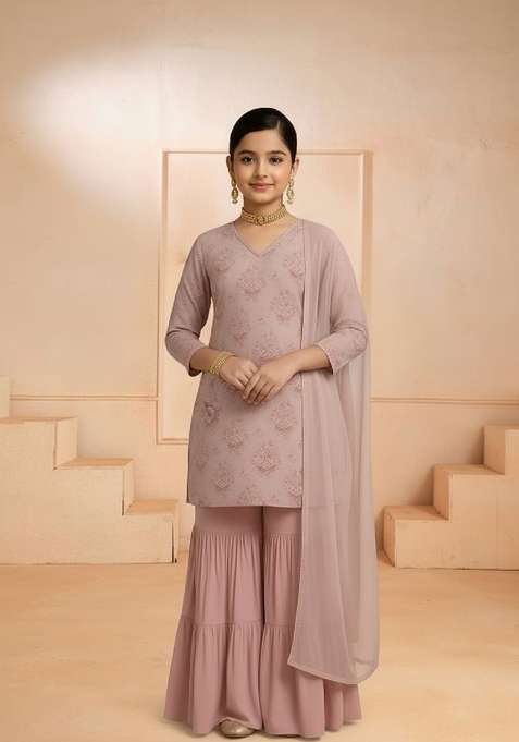 Girls Pink Floral Print Chiffon Kurta Set