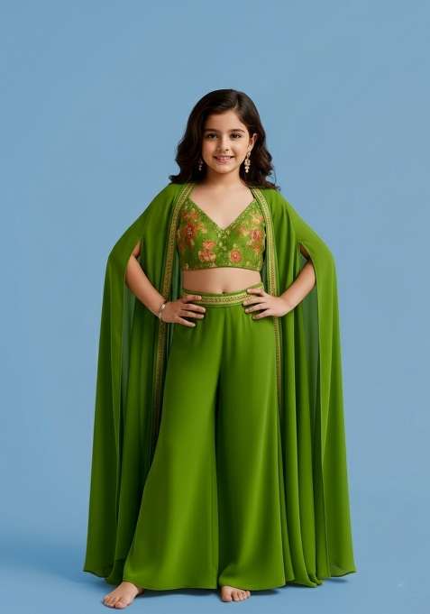 Girls Parrot Green Embroidered Georgette Fusion Set