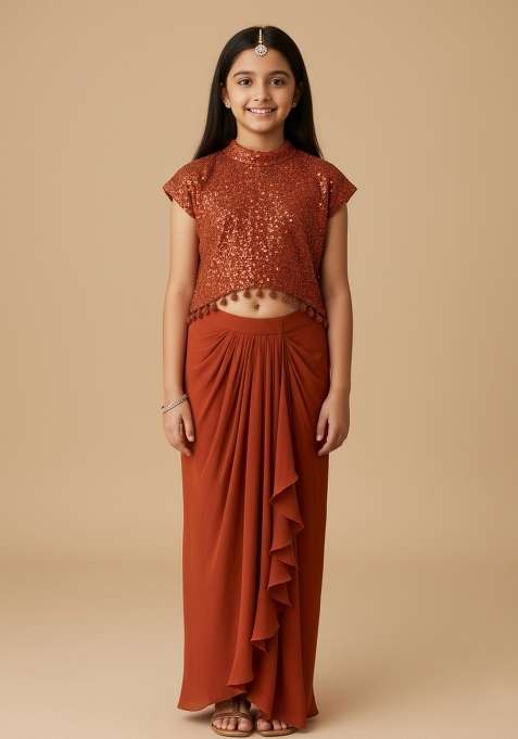 Girls Orange Sequin Crepe Fusion Set