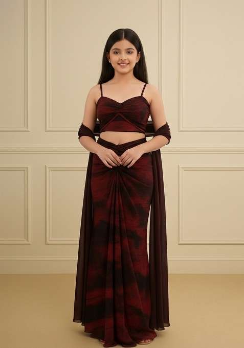 Girls Multicolor Abstract Print Pleated Lurex Fusion Set