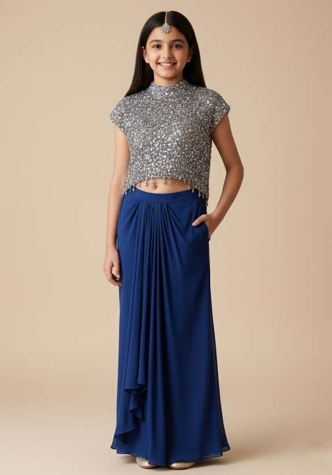 Girls Blue Sequin Crepe Fusion Set