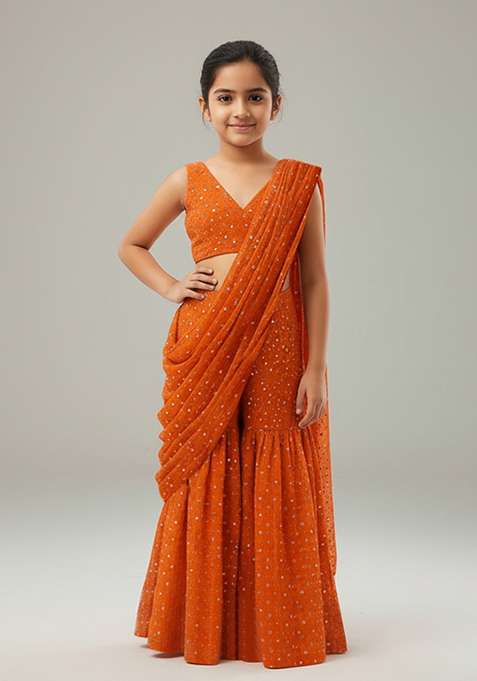 Girls Orange Embroidered Georgette Fusion Set