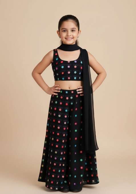 Girls Black Abstract Print Satin Fusion Set