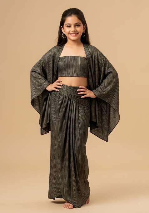 Girls Black Solid Satin Fusion Set