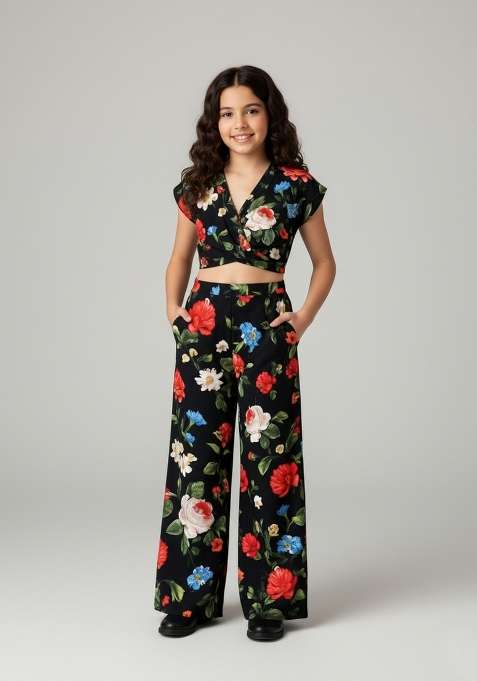 Girls Black Floral Print Silk Co-Ord Set