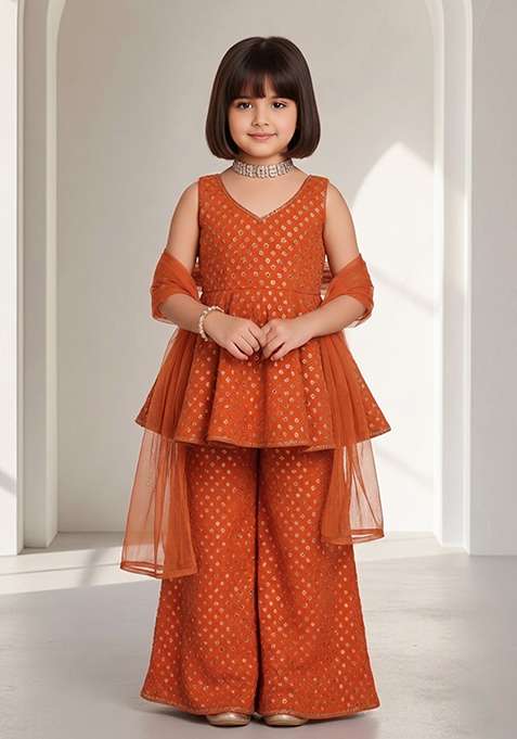 Orange Georgette Embroidered Kurta Set For Girls