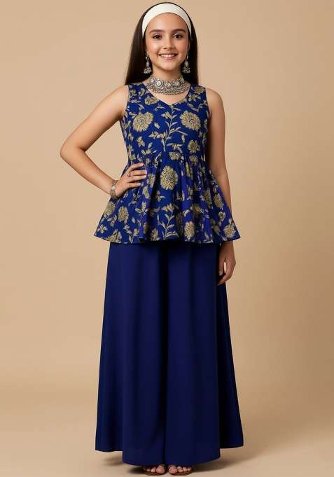 Navy Blue Silk Embroidered Sharara Set For Girls