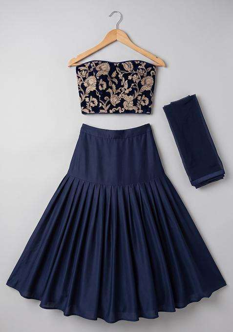 Navy Blue Georgette Embroidered Lehenga Set For Girls