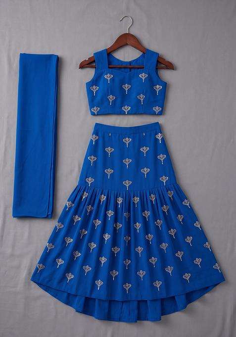 Blue Chanderi Embroidered Lehenga Set For Girls