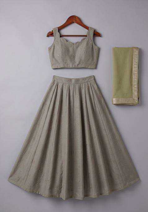Olive Chinon Embellished Lehenga Set For Girls
