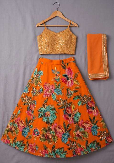 Orange Organza Embroidered Lehenga Set For Girls