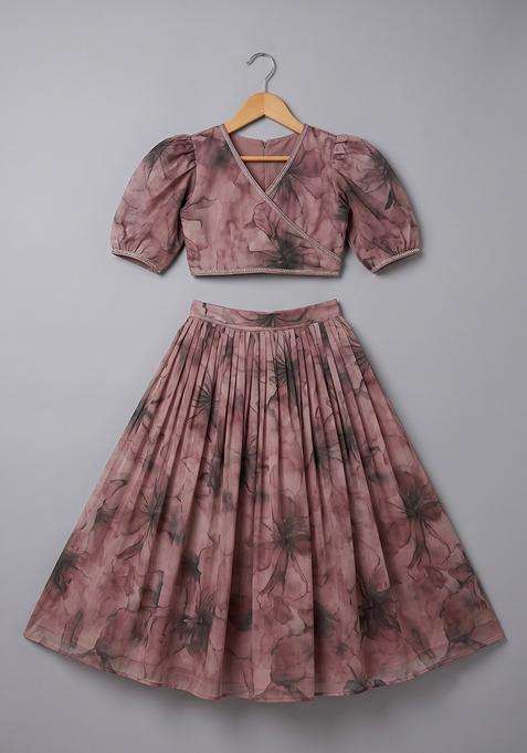 Girls Pink Floral Print Georgette Crop Top Skirt Set