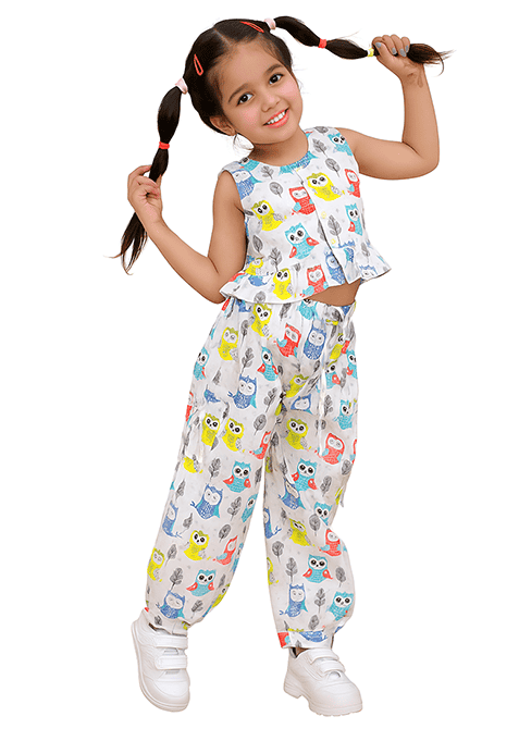 White Printed Cotton Kurta Set For Girls